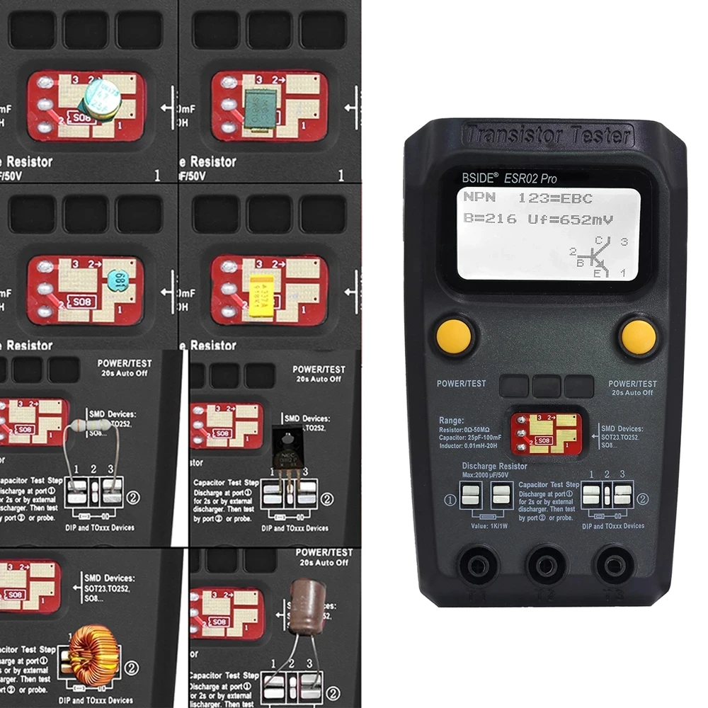 BSIDE ESR02 Pro Transistor Tester Digital Multimeter Diode Triode Resistor Capacitance Inductance MOSFET NPN Triac MOS Detector