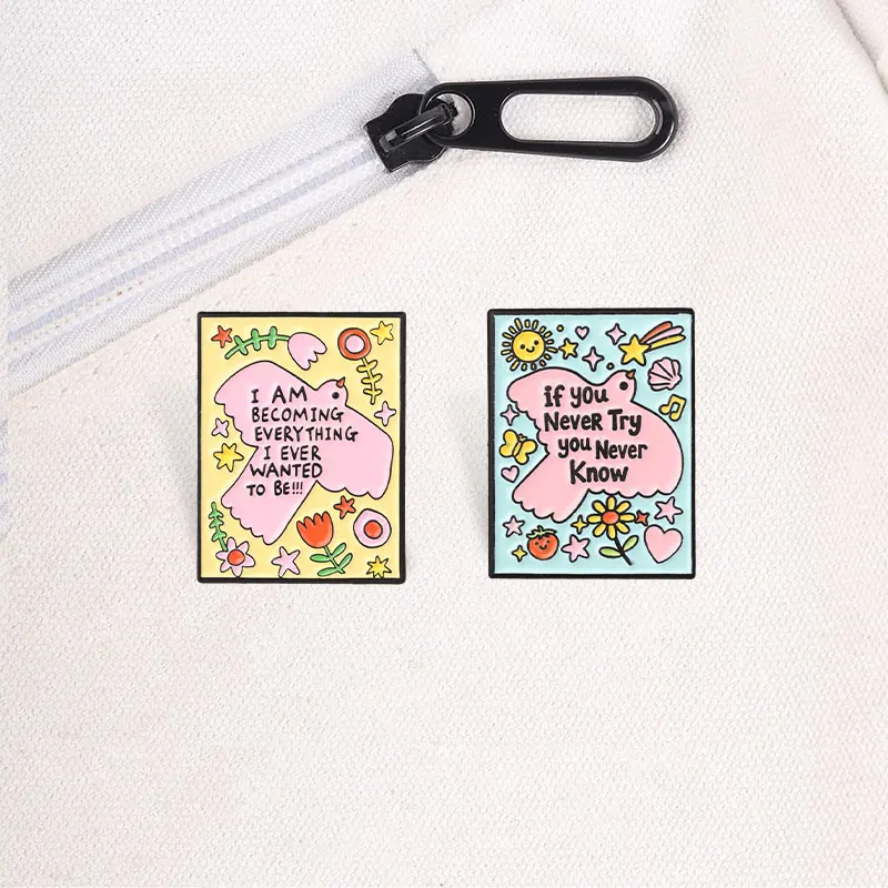 Inspirierendes Zitat Emaille-Abzeichen-Set „Ich werde alles“ Rosa Vogel Blume Metall-Brosche Revers-Accessoire Geschenk für Studenten – Detail 4
