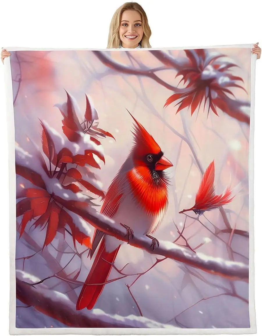 Red Cardinal Sherpa Blanket for Couch, Snowflake Tree Branches Fleece Blanket Cute Wild Animals Bird Fuzzy Plush Throw Farmhouse