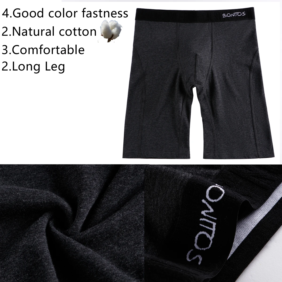 BONITOS Men Boxer Long leg Boxer Men Underwear Men Underpants Erkek Natural Cotton Sexy Boxer Shorts Top Brand Underwear Soft