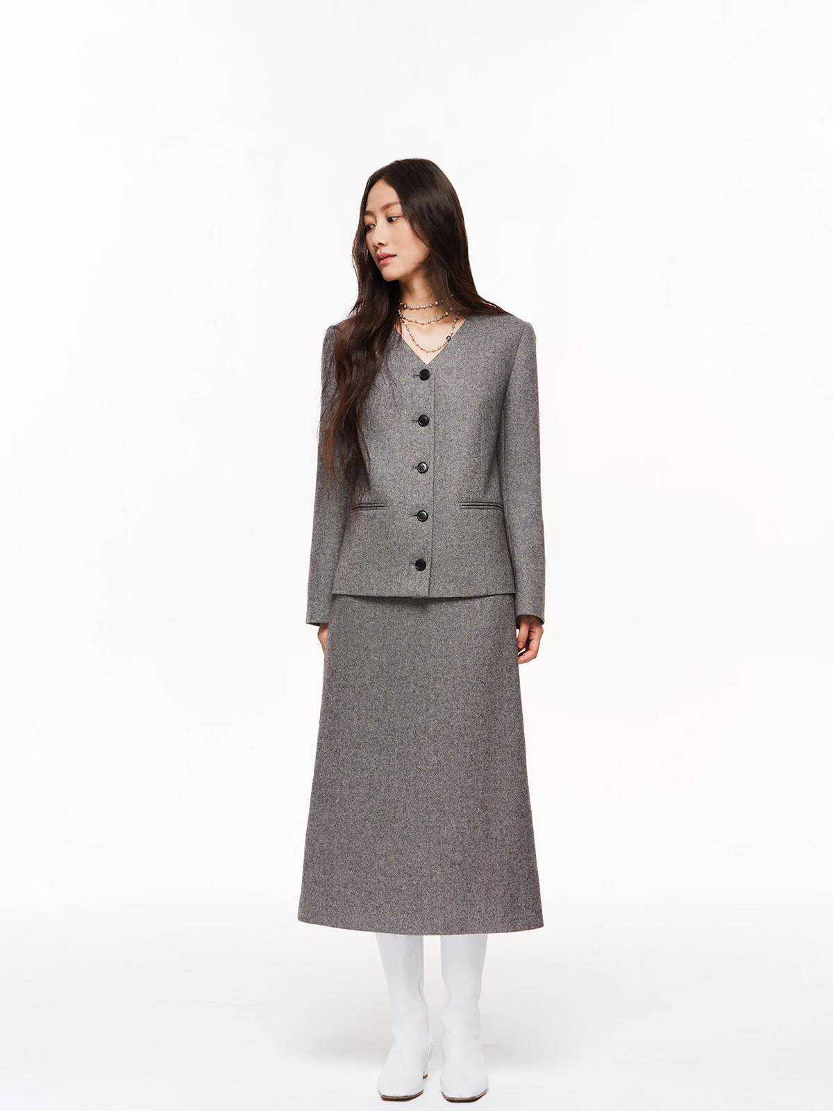 

Lin Zhi 2024 Autumn Winter New Simple Elegance Commute Versatile f Skirt Suit Skirt Stand Fit Pure Color Wool Blend