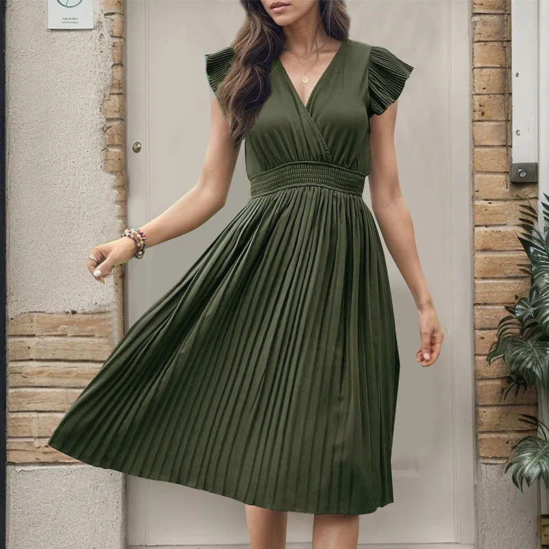 Summer New Minimalist Dress Temu New Women\'s V-neck Feifei Short Sleeved High Waisted Pleated Skirt Solid Color Mid Length Skirt