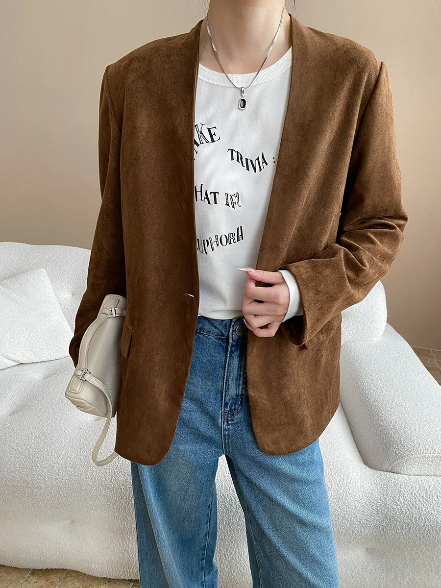 

Autumn and winter women's casual solid color V-neck long sleeved single button pocket decoration loose jacket