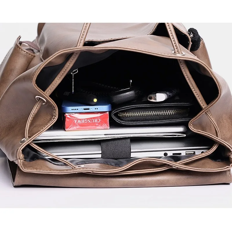 Drawstring 남자 노트북 배낭 패션 남자 여행 가방 가죽 남성 학교 가방