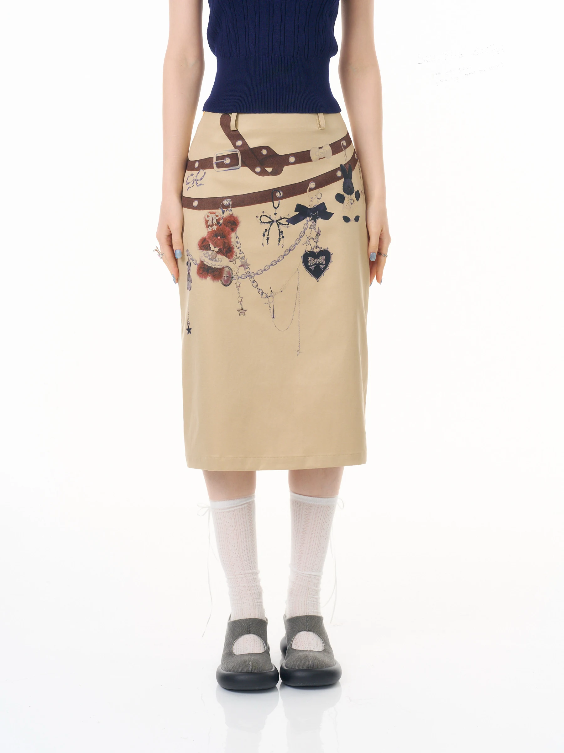 

Летняя женская юбка ZiziFei с высокой талией, утягивающая, цвета хаки, с принтом цепей и медведей, прямого кроя, из полиэстера