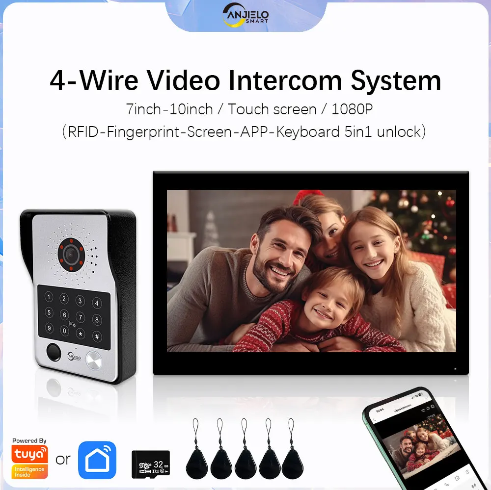 ANJIELO 5in1 déverrouiller l'empreintes digitales Tuya Wifi intelligent système d'interphone vidéo caméra de visiophone avec détecteur de mouvement 1080P