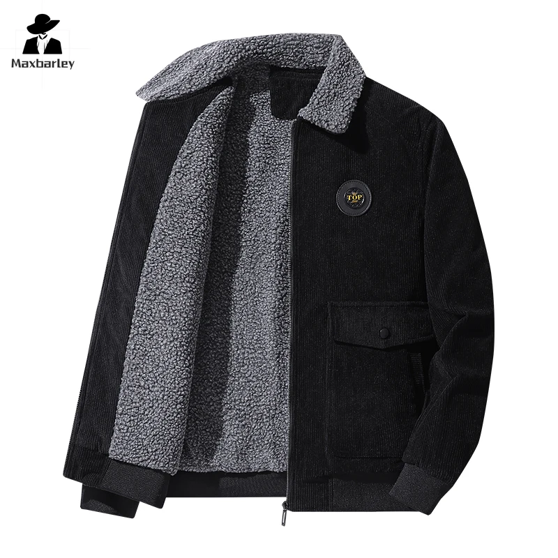 Lamb Fleece Cotton-padded Jacket Men\'s Winter Vintage Corduroy Thickened Warm Jacket Street Fashion Motorcycle Cold-proof Coat