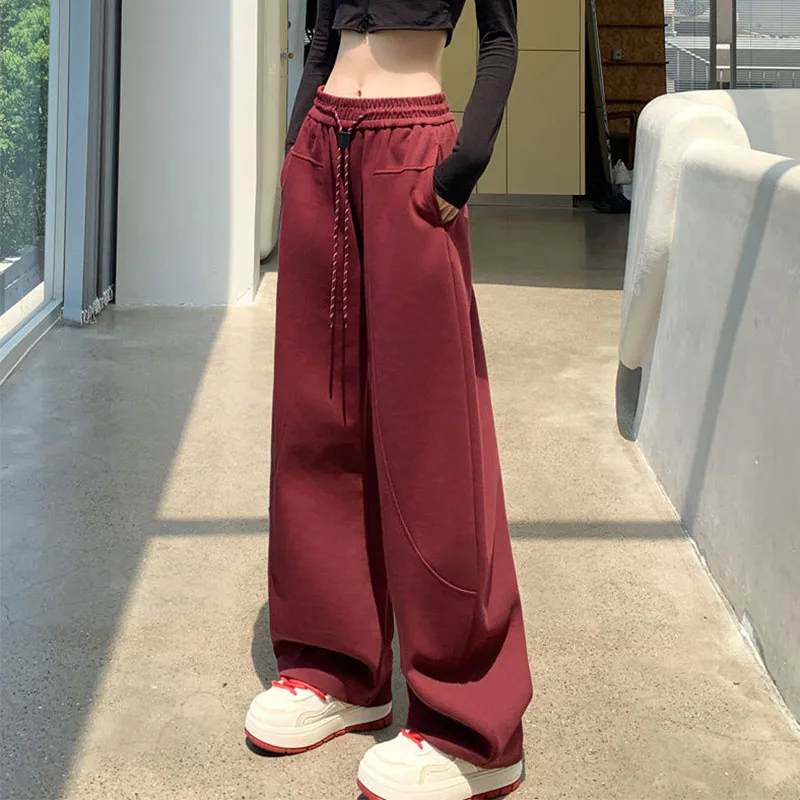 

Young Style Streetwear Women Autumn Winter High Waist Pants American Style Plus Fleece Drawstring All-match Wide Leg Trousers