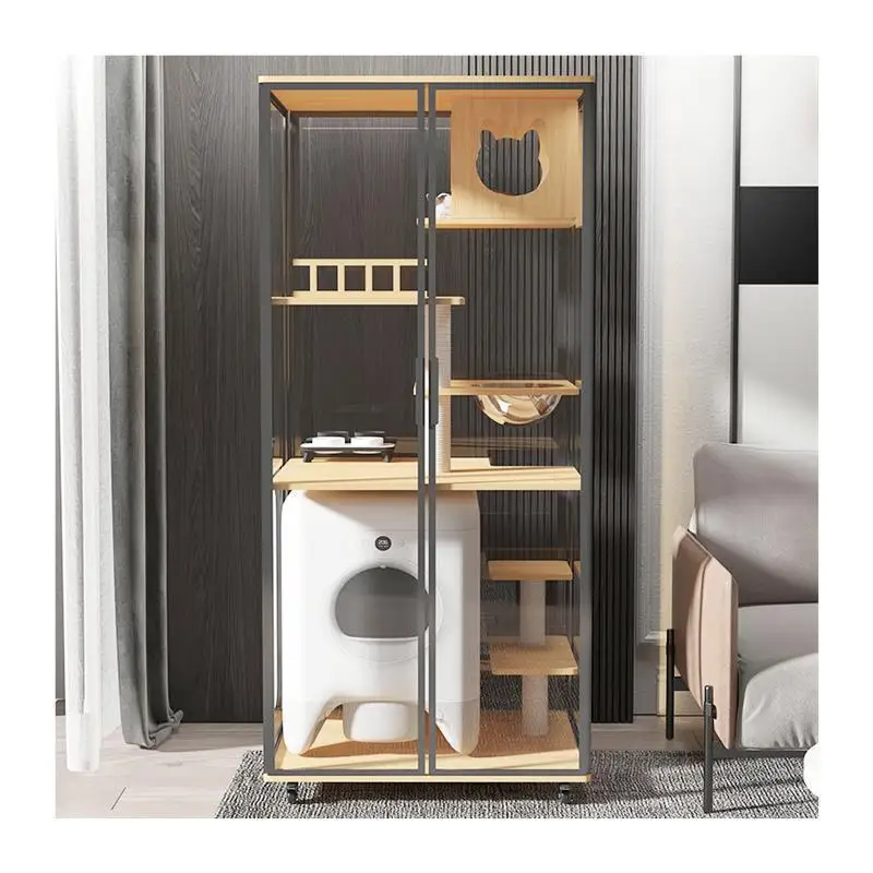 Caja de arena automática, casa en T de madera maciza de vidrio de lujo, sala de gatos, villa en T, gabinete doméstico panorámico transparente