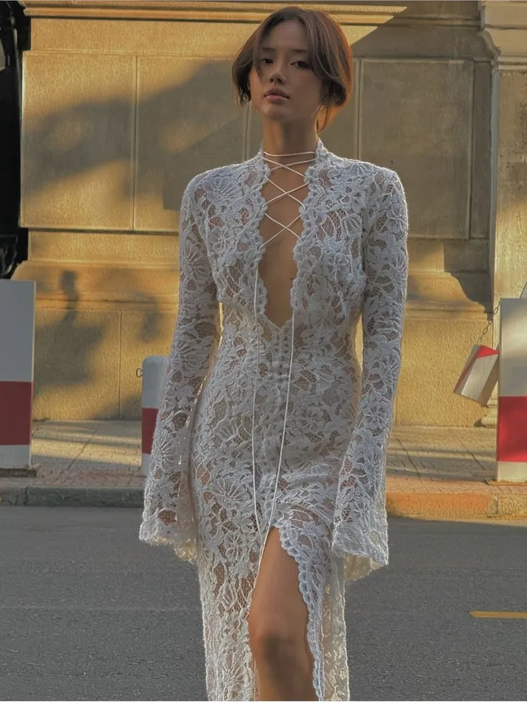 Knitted Hollow Out Slit Dress Slightly Transparent French Lace Cross Lace  Up Sexy Long Dress Women Autumn Slim Fit Evening Robes - AliExpress  200000345