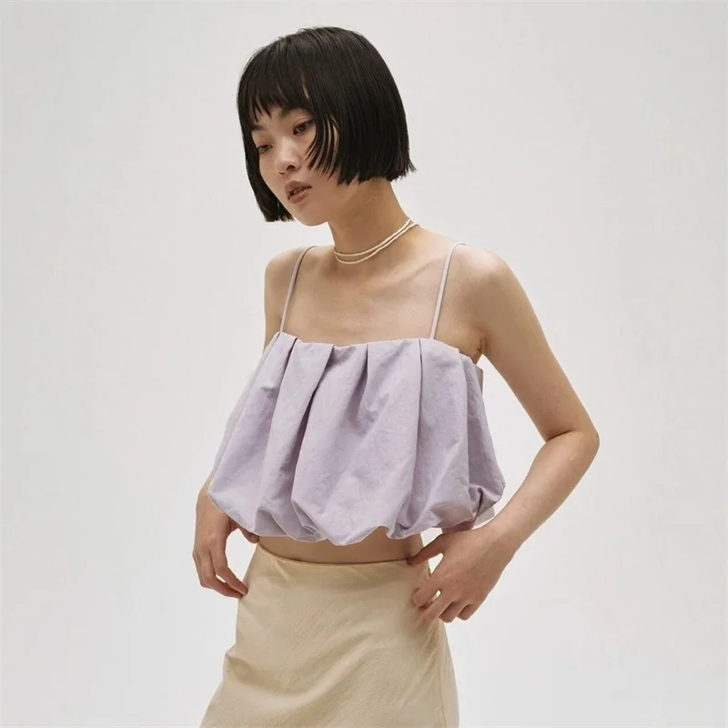 

Summer Light Purple Pleated Camisole For Women Flower Bud Tank Tops New