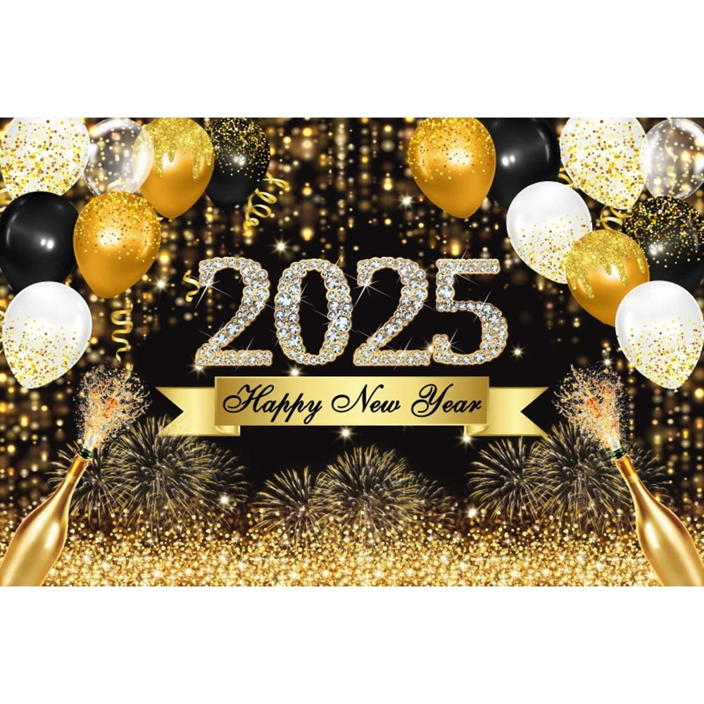 2025 Happy New Year Photography Backdrop Fireworks Clocks Champagne Christmas Family Party New Years Eve Photo Background Decor