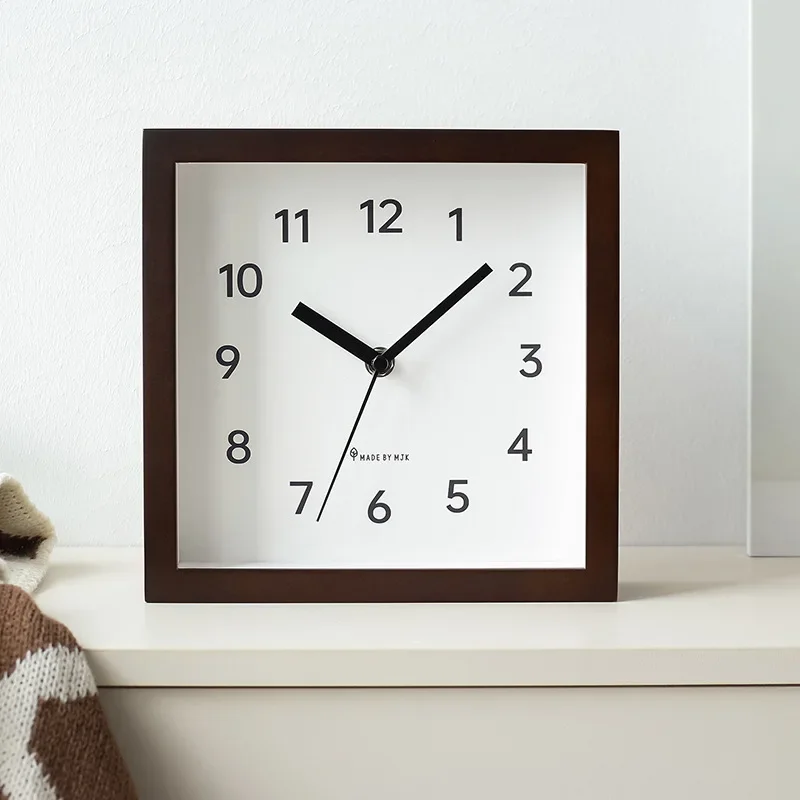 Modern Minimalist Wooden Wall Clock Silent Square Desk Clock Japanese Style Bedroom Study Home Decor No Drill