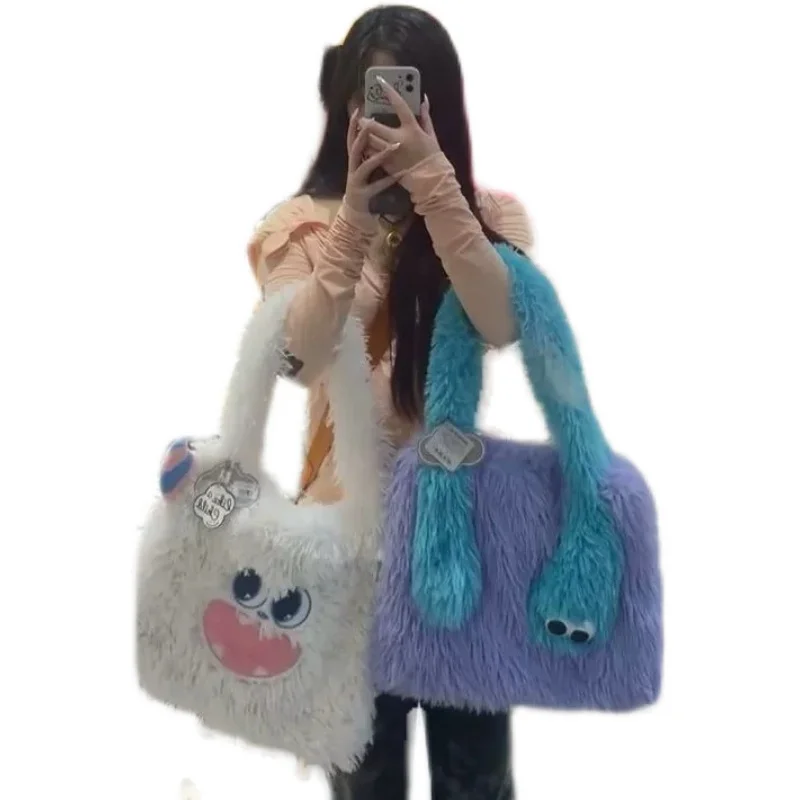 Winter Soft Fluffy Faux Fur Bag Women Solid Color Plush Handbag Casual Fuzzy Square Travel Street Messenger Bag Purse