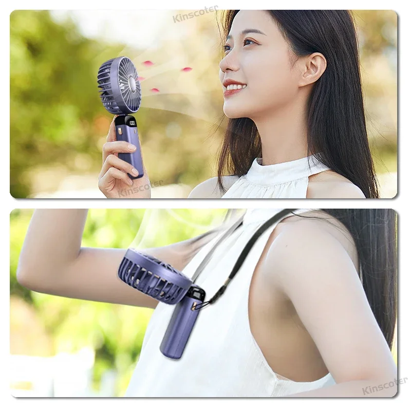 USB Handheld Mini Fan Foldable Portable Neck Hanging Fans 5 Speed USB Rechargeable Fan with Phone Stand and Display Screen image 6