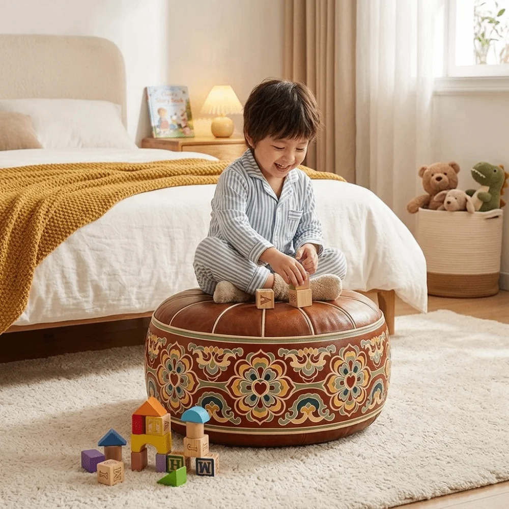 Foot Rest PU Leather Sofa Stool Cover Round Unfilled Storage Leg Bench Foldable Water Resistant Footstool Cover Balcony