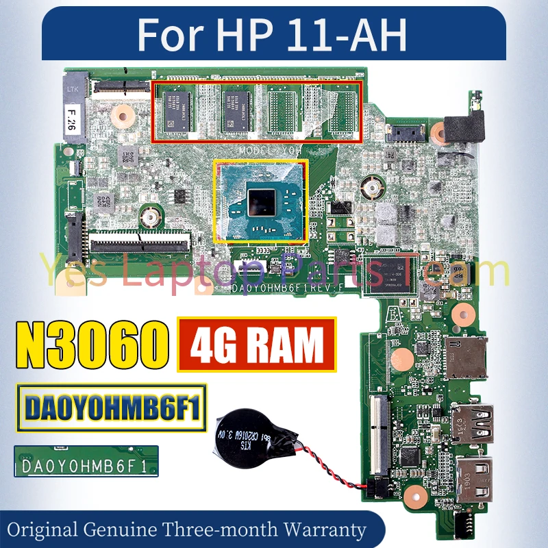 DA0Y0HMB6F1 For HP 11-AH Laptop Mainboard 902901-001 L08338-001 SR2KN N3060 4G RAM Notebook Motherboard