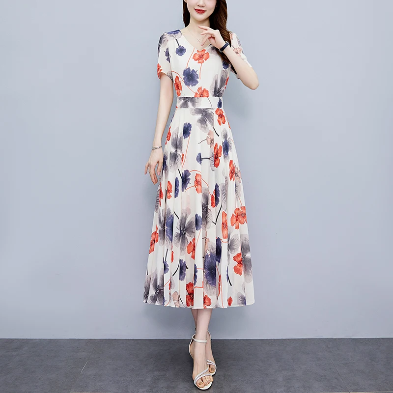 Sukienka letnia w kwiaty z szyfonu w stylu boho na plażę, damska, obcisła, vintage, luksusowa, długa sukienka na imprezę, elegancka, codzienna, szykowna, na studniówkę, midi, vestido, 2025