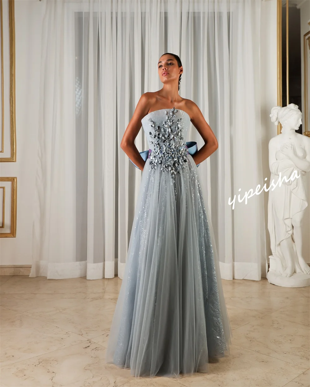 Yipeisha  Elegant Strapless A-line Floor Length  Dresses Applique Sequin Tulle Customized  es