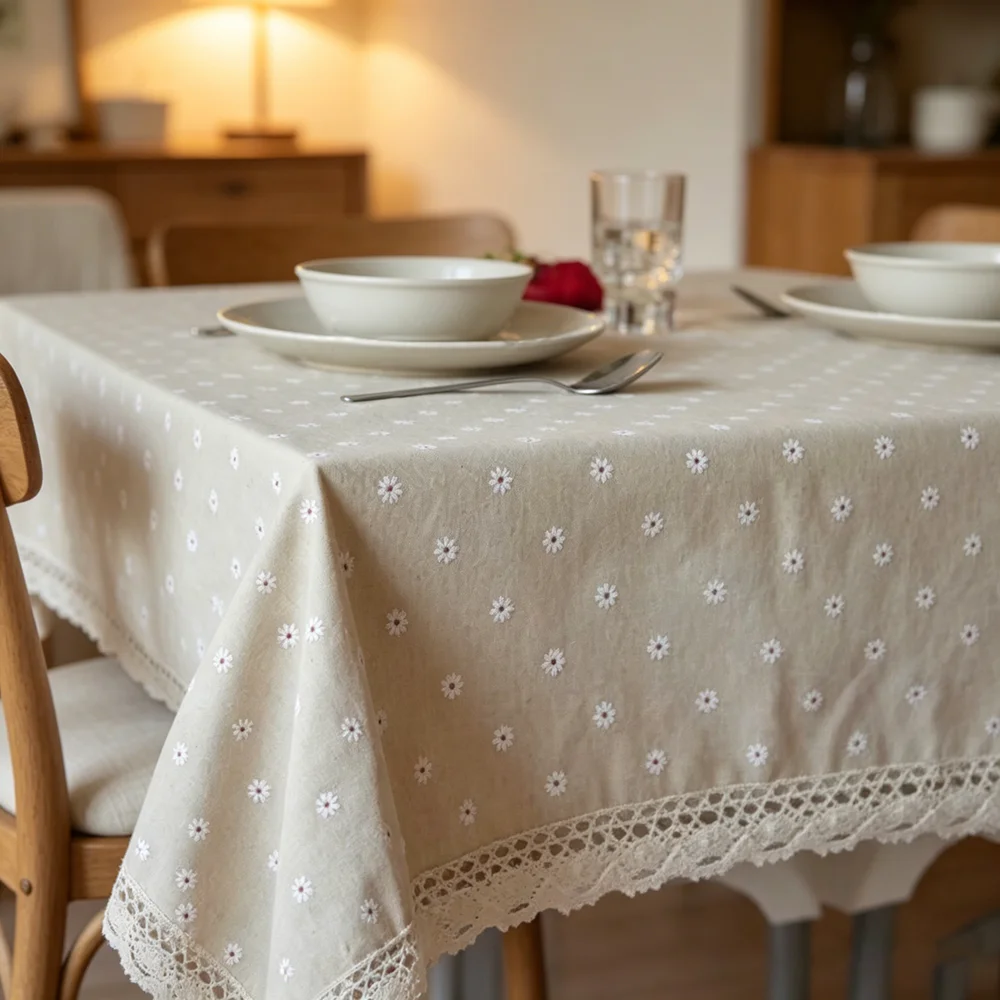 Pastoral Linen Table Cloth Flower Cherry Printed Cotton Rectangular Table Cover Lace Edge Home Tea Coffee Shop Hotel Decor
