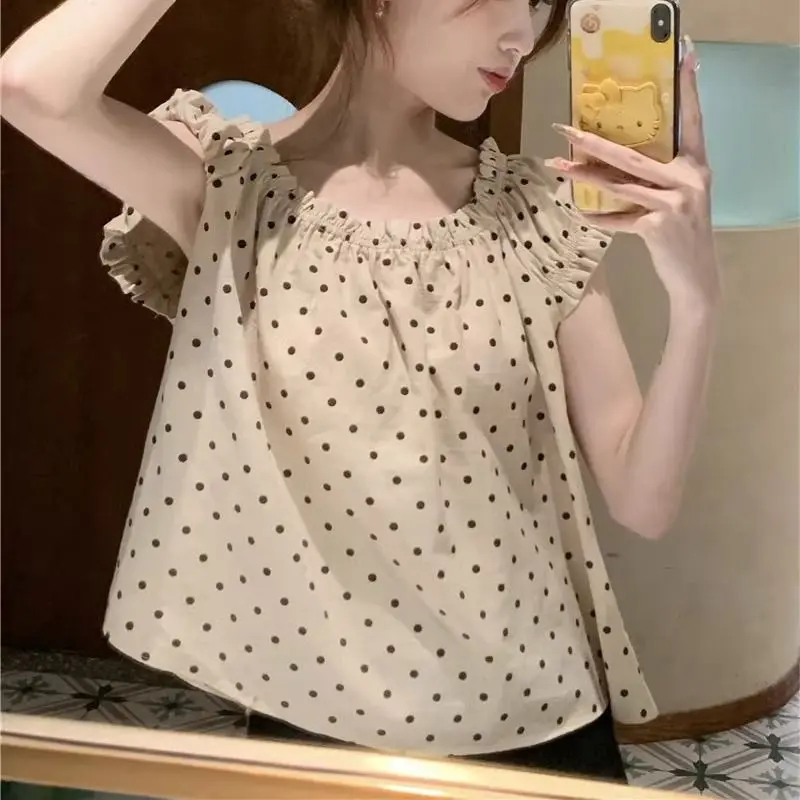 Korean Temperament Polka Dot Loose Blouse Summer New Thin Short Sleeve Print Youth Fashion Shirt Ops Casual Sweet Women Clothing