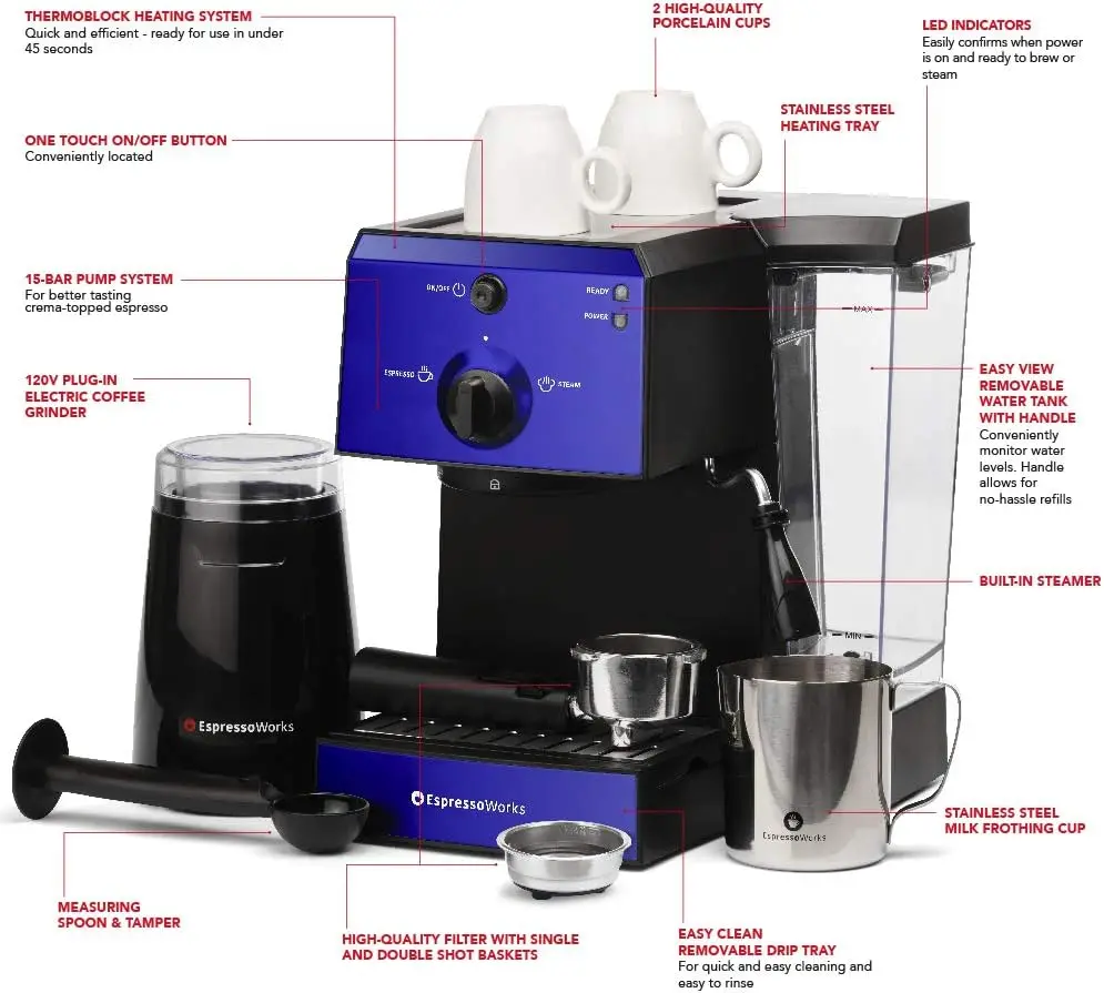 All-In-One Espresso Machine with Milk Frother 7-Piece Set - Latte Maker Includes Grinder, Frothing Pitcher, Cups,