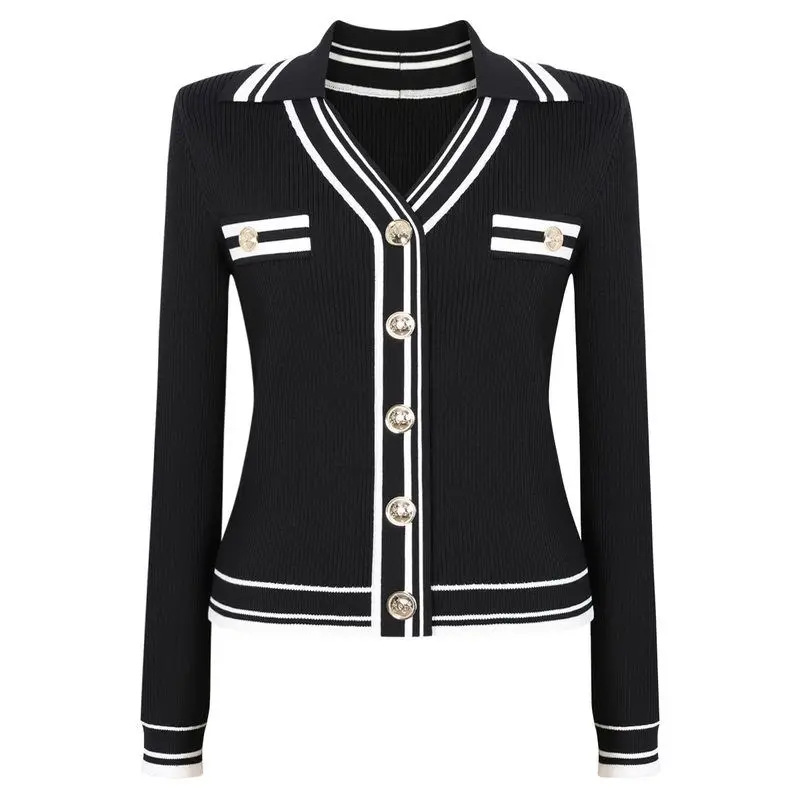 

Fashionable 2025 Spring New Long Sleeve Collared Striped Knitwear Versatile Top Stylish Open Cardigan Outerwear for Women