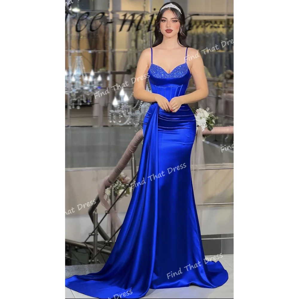 

Custom Made Spaghetti Straps Pleated Beading Evening Dress Backless Floor Length Sexy Mermaid Party Dress with Sweep Train