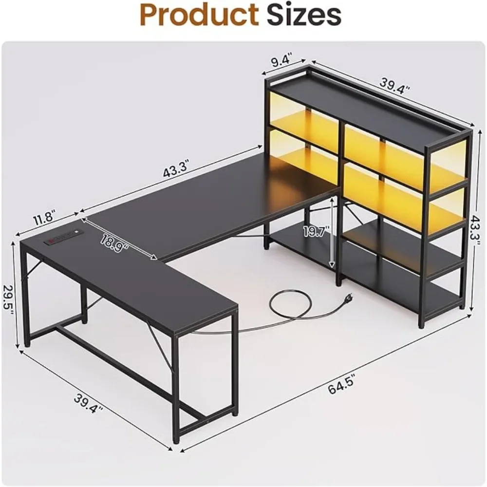 L Shaped Gaming Desk, 64.5” Reversible Computer Desk with Power Outlet and Bookshelf, Corner Gaming Table with LED Lights