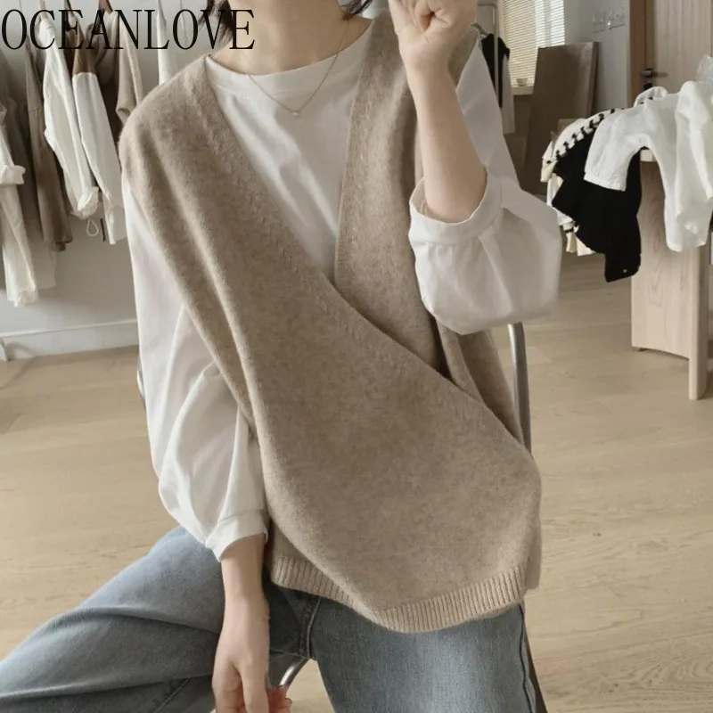 

OCEANLOVE Irregular V Neck Woman Sweaters Solid Autumn Winter Fashion Short Vests Japanese Style Loose Retro Pullovers