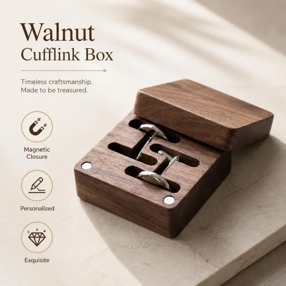 Magnetic Closure Walnut Cufflink Box Personalized Solid Cufflink Organizer Exquisite Flip‑top Wood Magnetic Closure Storage 5
