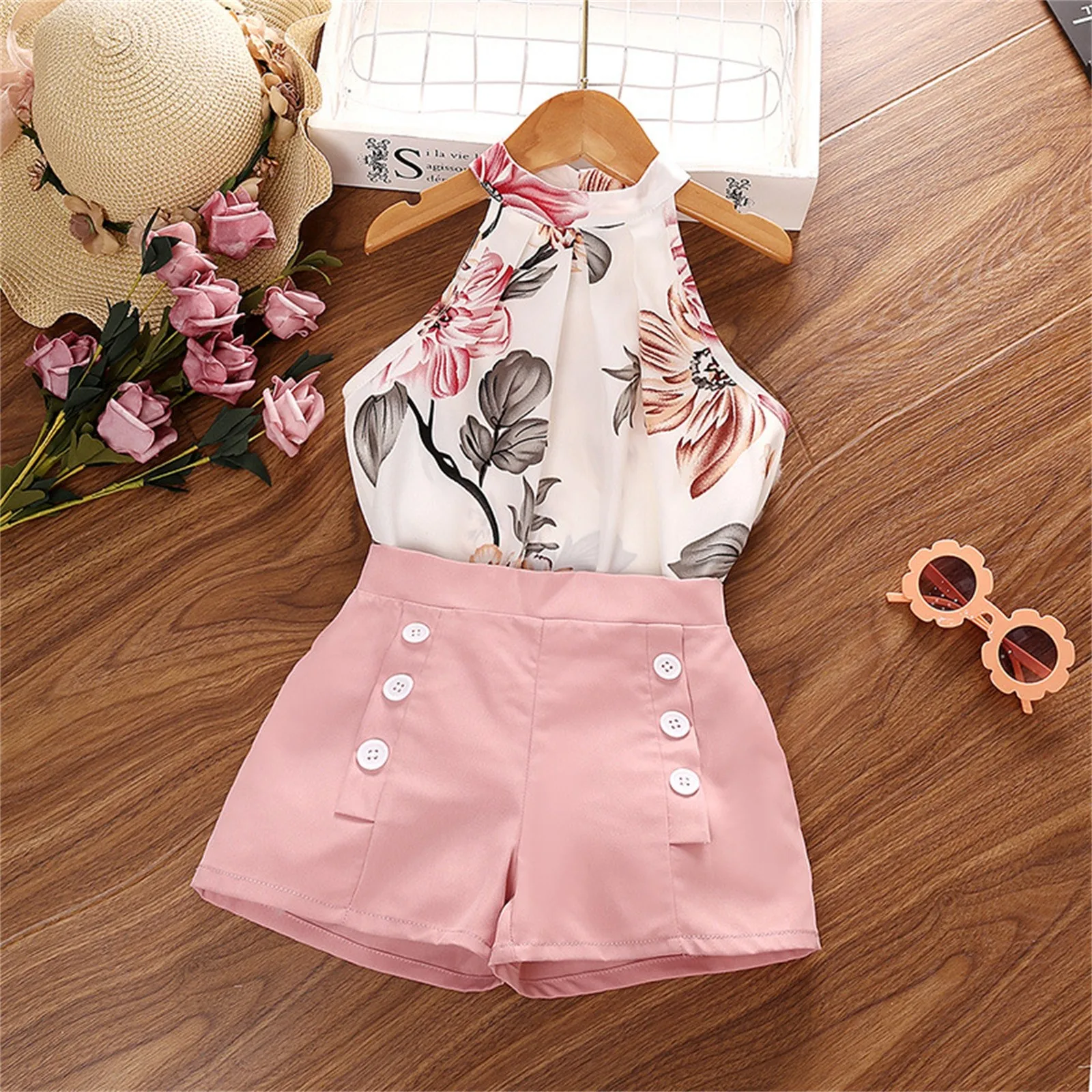 2pcs/Sets Casual Kid Clothing Set Summer Girls Flowers Sleeveless Halter Tank Top+Short Pants Girl Shorts Sets Children\'s Sets