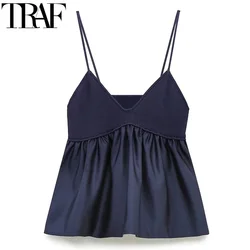 TRAF Blue Knitted Top Female Sleeveless Crop Tops Women 2024 Summer Backless Corset Top Woman Patchwork Ruffle Beach Tank Tops