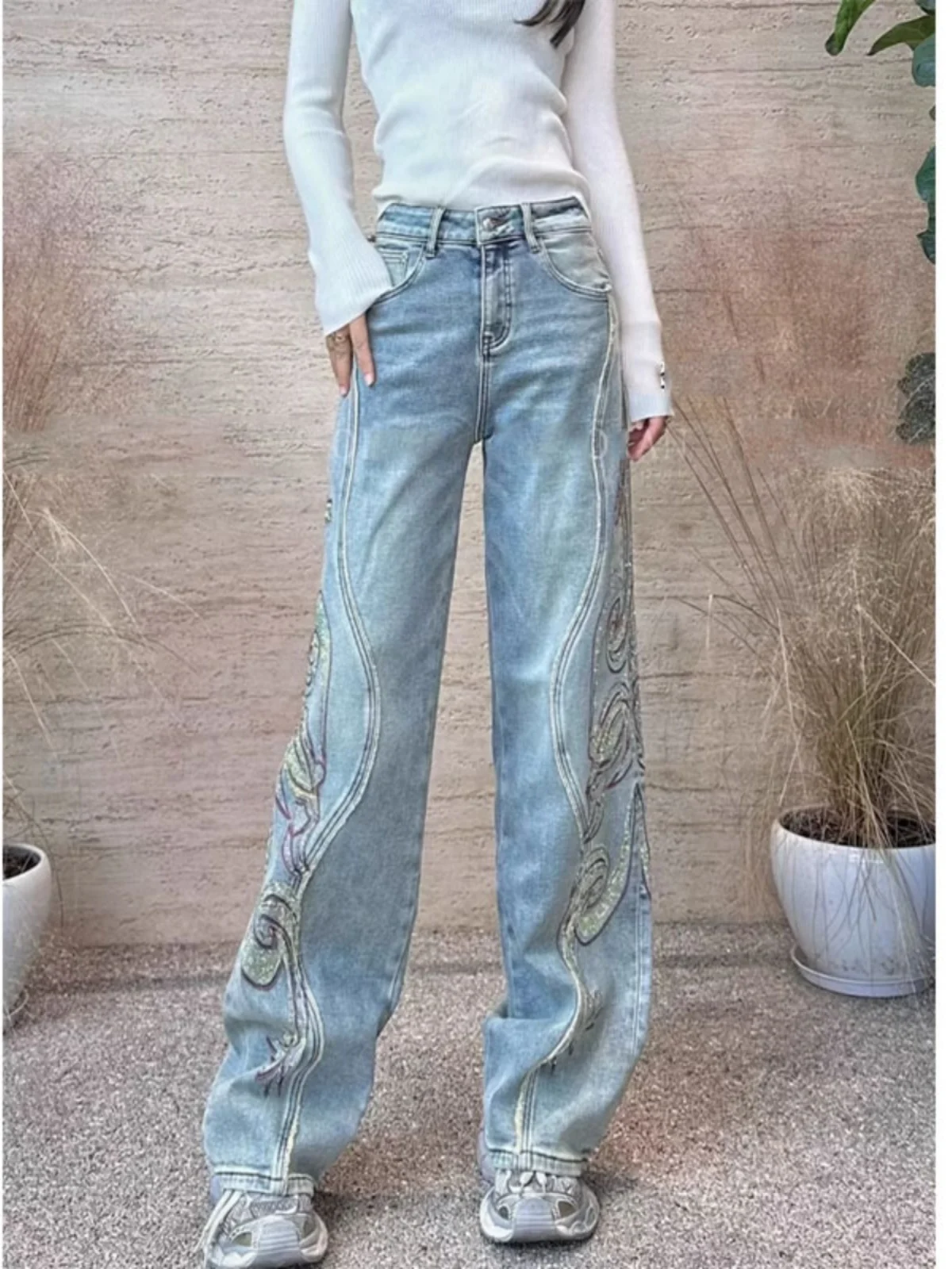 

Korean Style Denim Jeans High Waist Wide Leg Pants Female Spring Summer New Fashion Diamond Embroidery Blue Color Floor Length