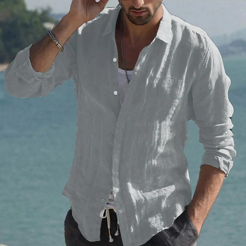 Hot selling men's long sleeved shirts in summer, solid color stand up collar, casual beach style