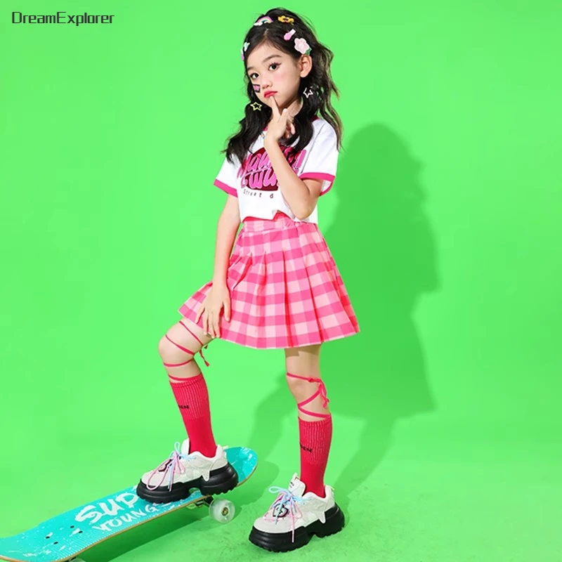 Kids Hip Hop Crop Top Shirt Plaid Skirts Street Dance Jazz Costumes Girls Summer Jacket Clothes Sets Children Lovely Streetwear