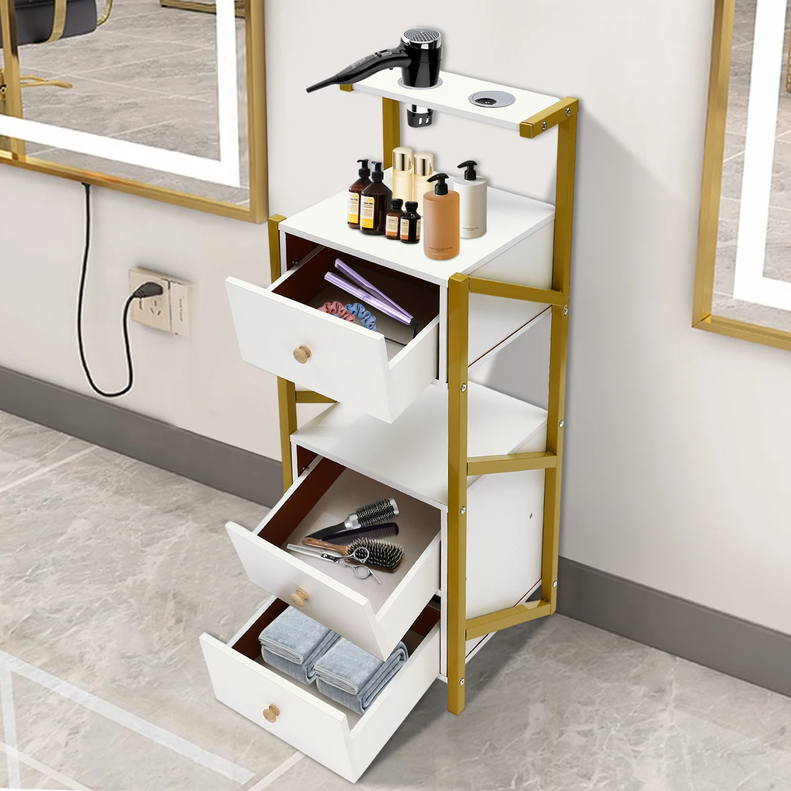 

Steel, MDF White, Golden Floor Standing Beauty Salon Station, Barber Station with 3 Drawer, Salon Storage Cabinet