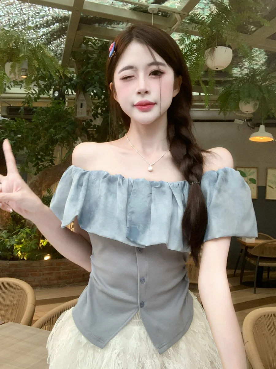 

Женская летняя блузка больших размеров с коротким рукавом, приталенная, с эффектом стройности, с кружевной отделкой, на одно плечо, для полных женщин