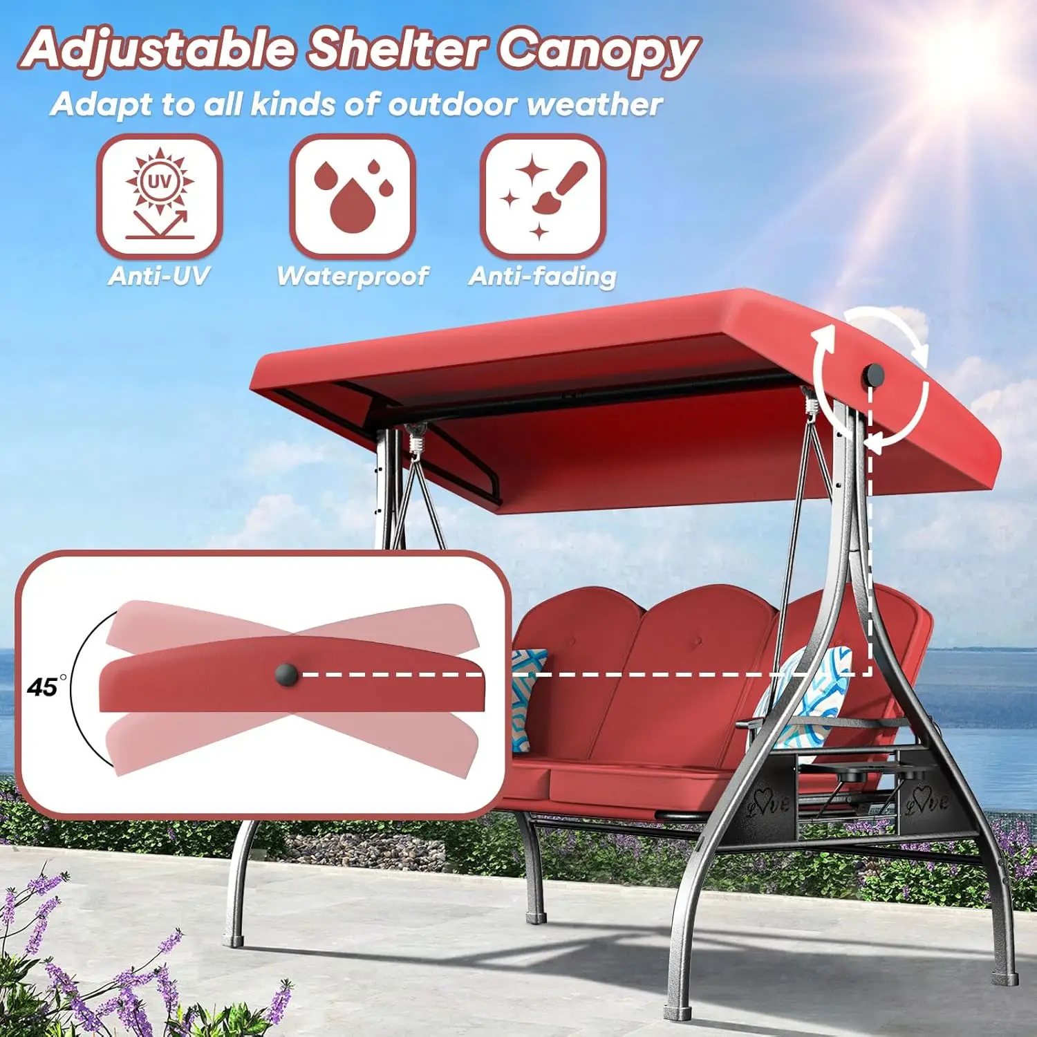 3 Seat Outdoor Porch Patio Swing with Stand 800lbs 2-in-1 Convertible Swing Bed with Adjustable Canopy & Removable, Customized