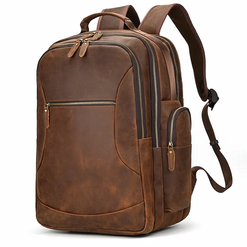 Men Vintage Crazy Horse Leather Backpack, Large Capacity Top Grain Cowhide Rucksack Fits 17 Inch Laptop Travel Casual Bag
