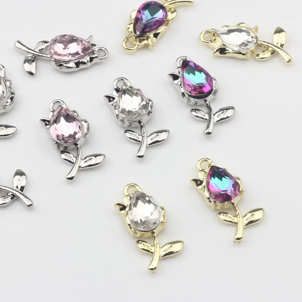 6pcs/lot Zinc Alloy Handmade Inlaid Crystal Tulip Flowers Charms Pendant For DIY Fashion Jewelry Making Finding Accessories