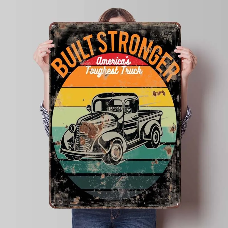 Hot Rod Built Stronger Vintage Rusty Metal Sign Art of Murals Retro Tinplate Sign Plaque for Garage Wall Art Decoration Man Cave