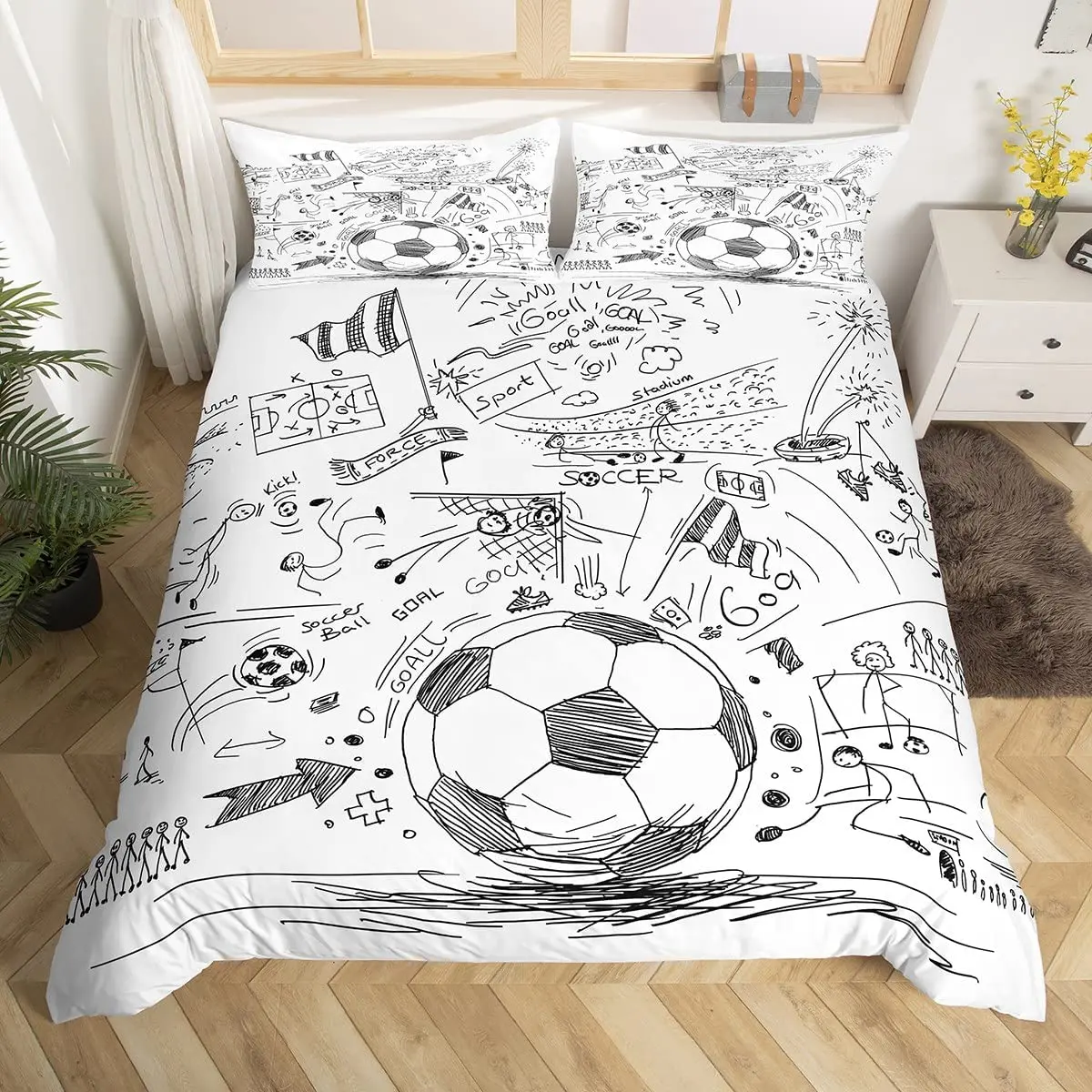 Soccer Duvet Cover Set King Queen Full Size Football Pattern Polyester Comforter Cover For Kids Teens Soccer Lover Bedding Set