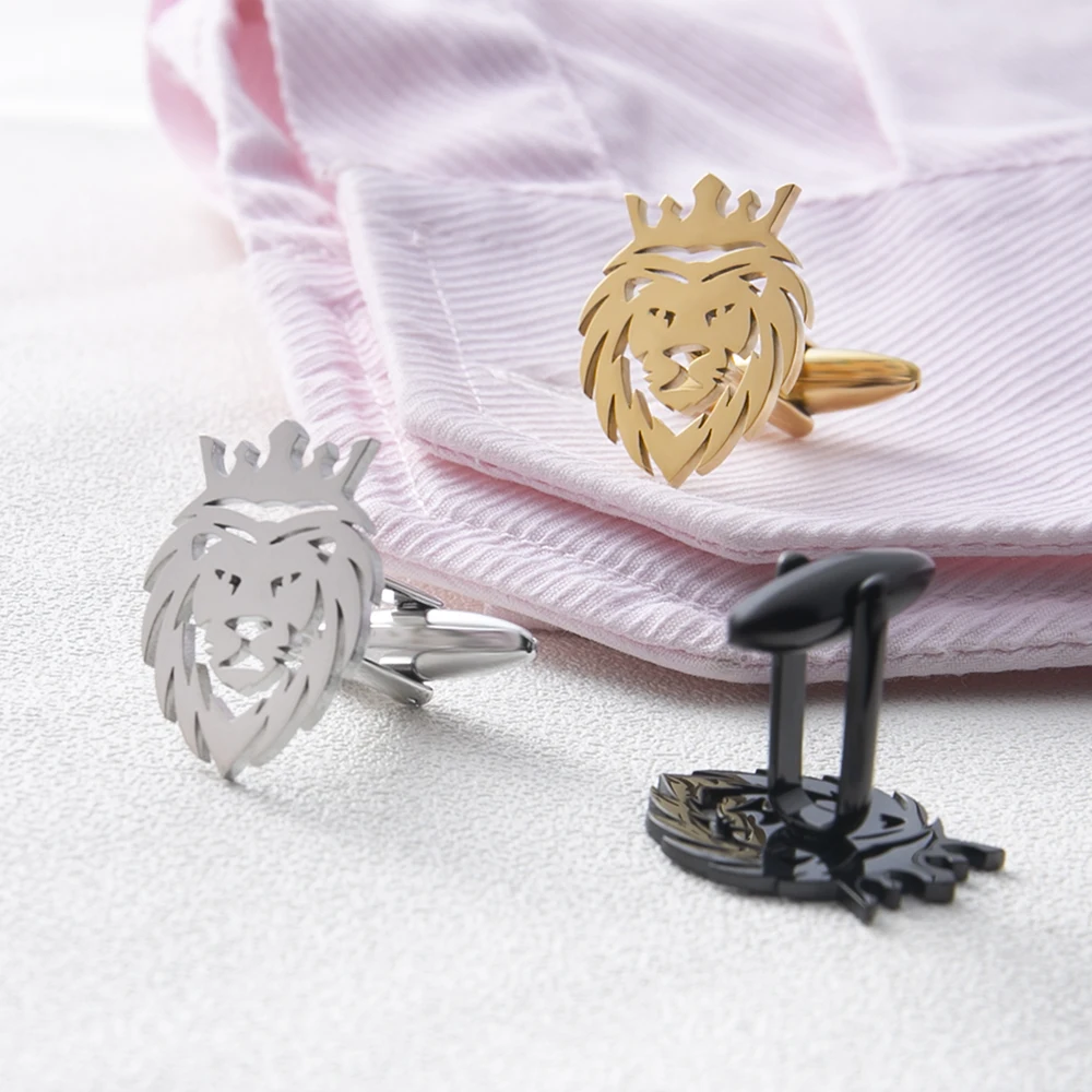 Tangula Punk Crown Lion Cufflinks Stainless Steel Men Animal Hip Hop Rock Party Accessories Groom Wedding Cufflink Jewelry Gifts