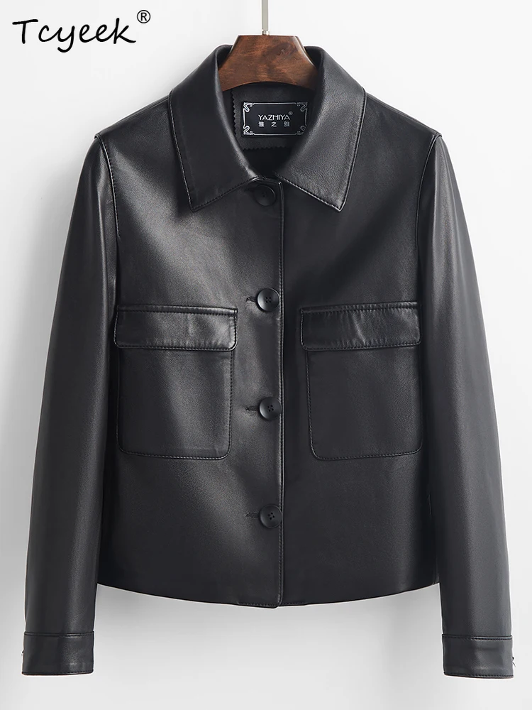 Tcyeek Giacca in vera pelle di pecora Plus Size Primavera Autunno Risvolto a maniche lunghe Nero Giacche corte Chaqueta Cuero Mujer