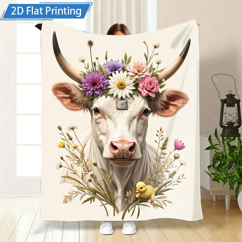 1 Stück Flanelldecke mit Blumenmuster, Kuh- und Ente-Motiv, weich, gemütlich, Überwurf für Heimdekoration, Bauernhaus-Stil, 2D-Flachdruck