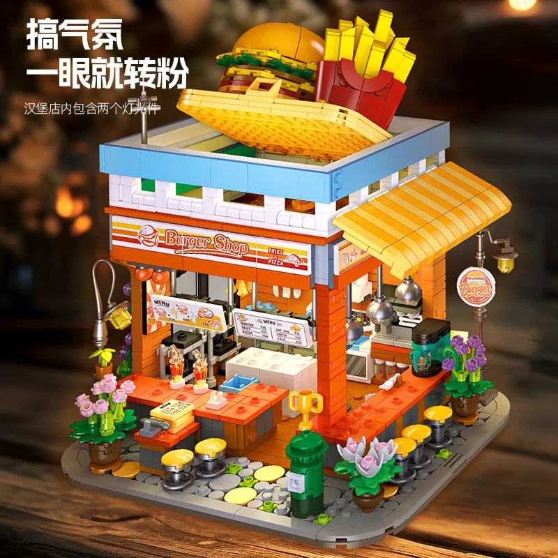

JJ9082 French fries hamburger shop gourmet atmosphere lighting model ornaments building block toys