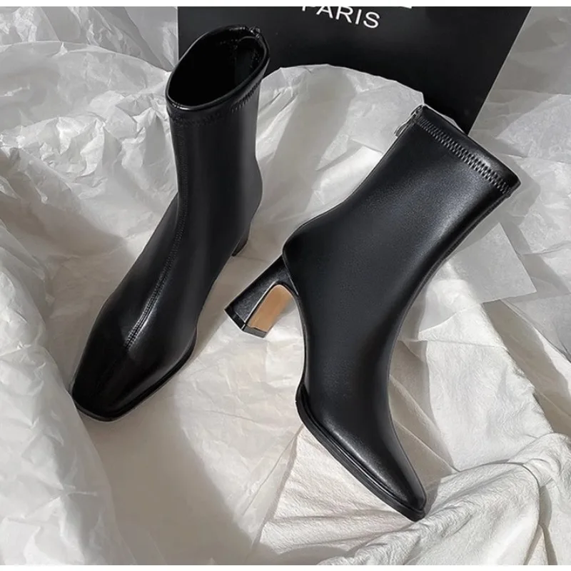 

Vintage Warm Cotton Women Ankle Boots Fashion Elegant Square Toe Shoes Autumn Winter Thick Heel Women's Short Booties