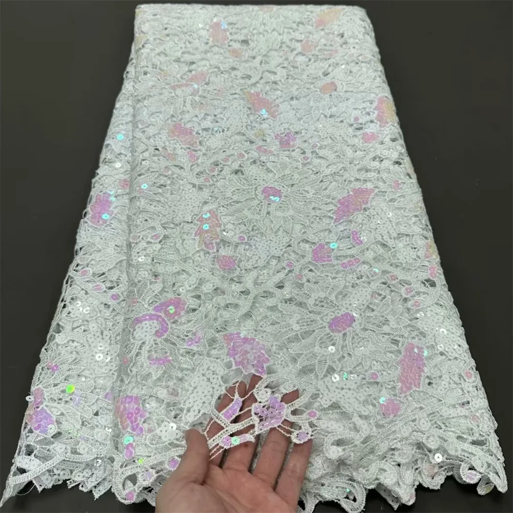 

African Water Soluble Guipure White Full Sequence High Quality Nigerian Cord Gold Sequins Lace Material For Wedding Dress W1091