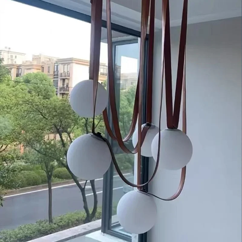 Modern dining room bar long line chandelier with white glass shade, dimmable, belt hanging wire wabi-sabi style home decoration
